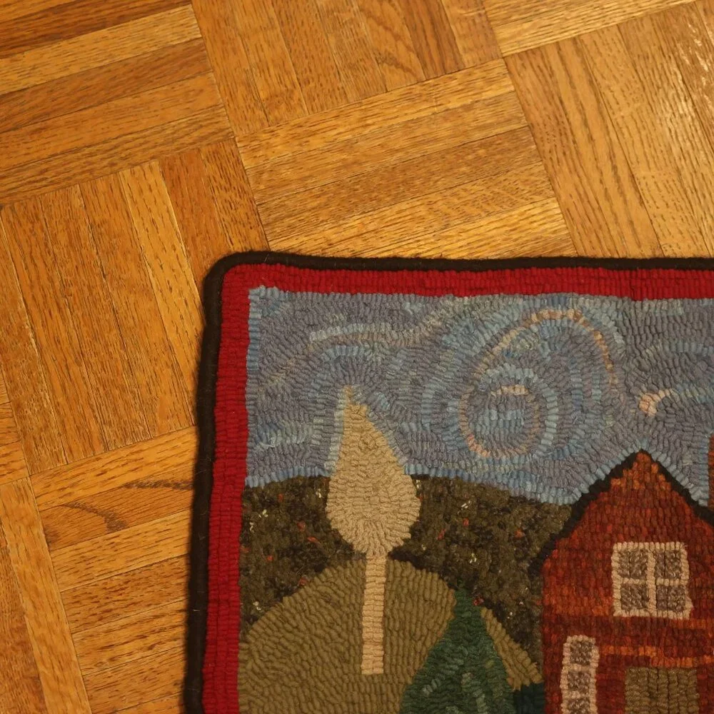 VINTAGE Hand Hooked Rug Summer HOME House Trees Landscape Primitive Folk 19x15